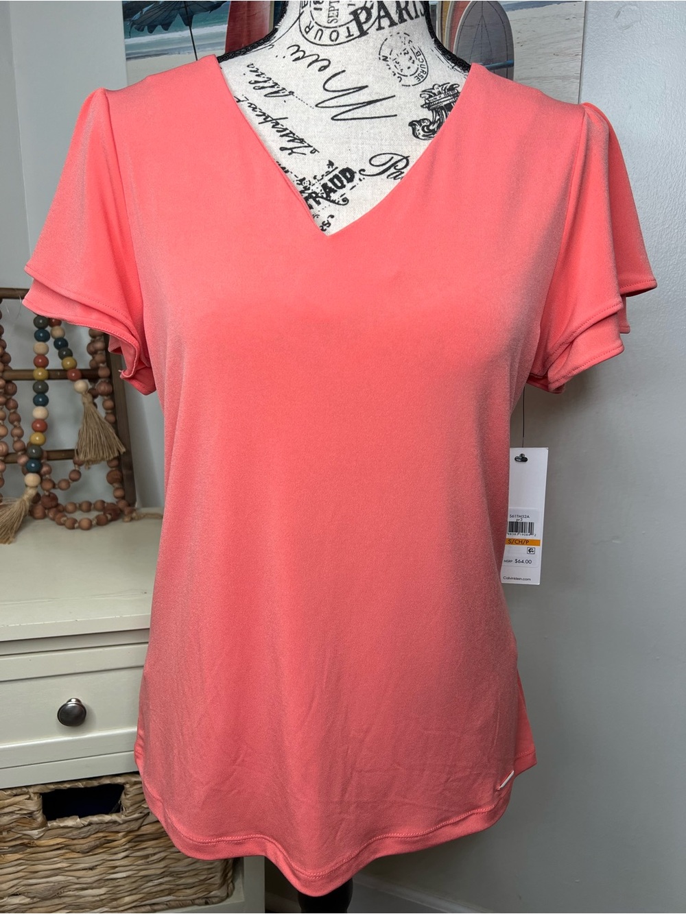 Brand New-Calvin Klein V-Neck Flutter-Sleeve Top